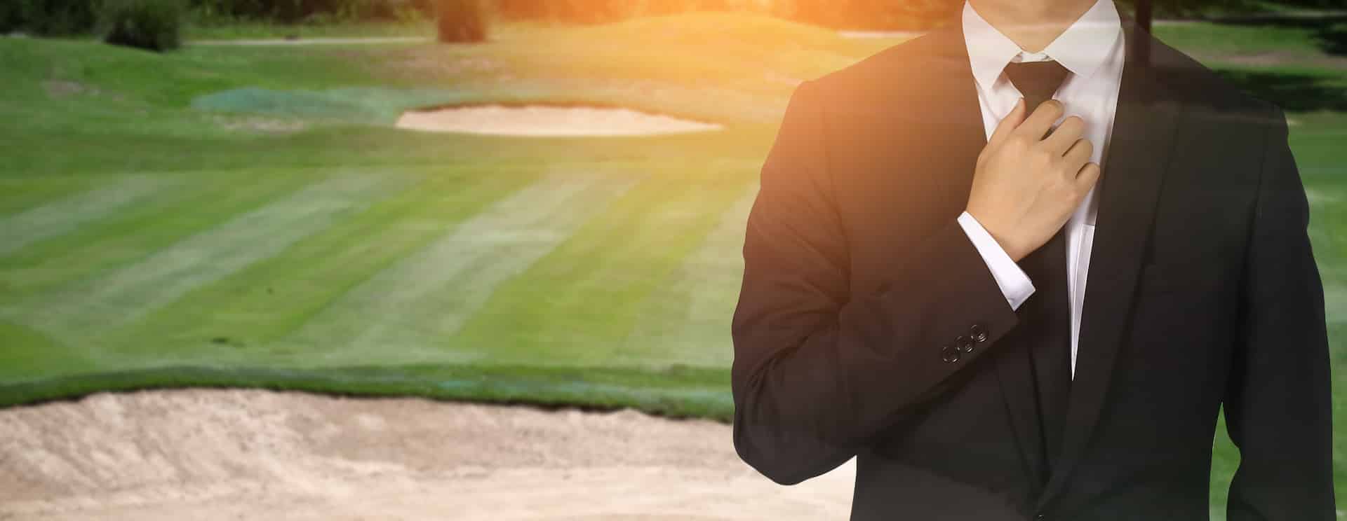 Businessman,Handles,Necktie,Showing,Confidence,In,Golf,Course.,Business,Golf.
