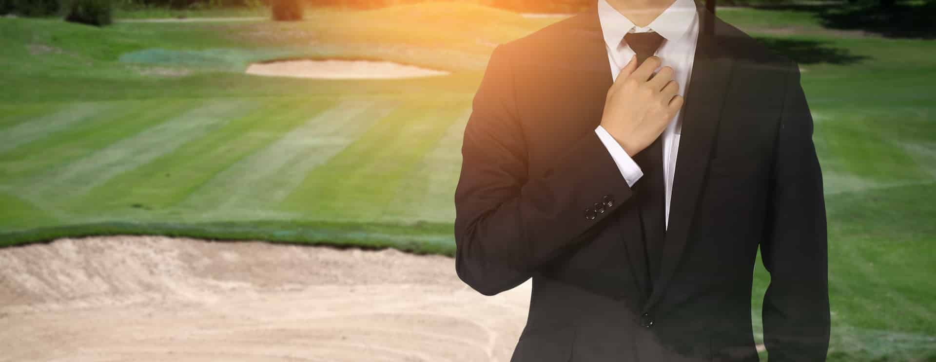 Businessman,Handles,Necktie,Showing,Confidence,In,Golf,Course.,Business,Golf.